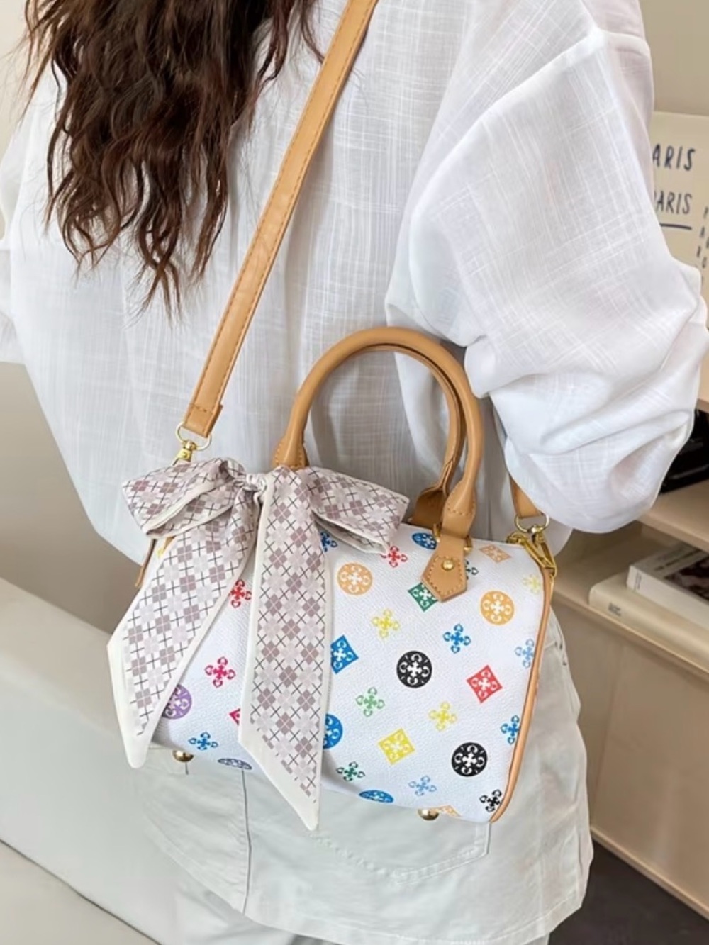 White Multicolor Pattern Mini Satchel with Tan Handles & Crossbody Strap - Picture 5 of 6